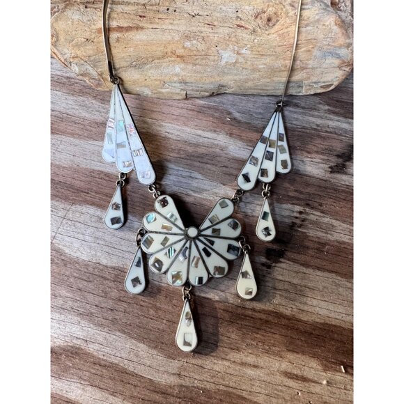 Vintage Mexican Sterling Silver Necklace With White & Abalone Inlay Floral - Picture 2 of 8